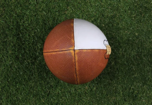 在草坪上的褐色皮革美式足球 — 图库照片