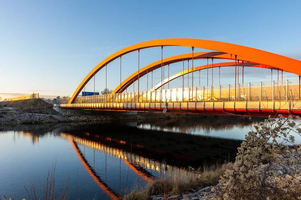 Curved Red Arches Highway Bridge River Lech Augsburg Light Evening — 图库照片