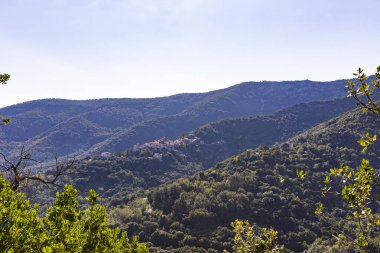 İtalya 'nın Elba adasının dağlarındaki Poggio köyünün manzarası yazın açık mavi bir gökyüzünün altında