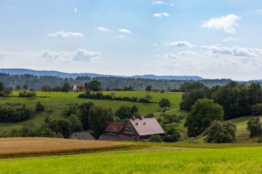 Swabian Alb 'deki ormana doğru çayırların ve otlakların üzerinden bulutlu gökyüzüne bak.