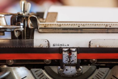 Almanca Endemie kelimesi eski mekanik bir daktilo ile yazılmış kırmızı ve siyah kurdeleli beyaz bir sayfa üzerinde siyah renkli.