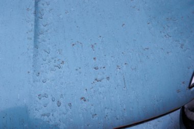 Kan yağmurundan sonra kırmızı toz lekeleri olan mavi bir arabanın kaputu.