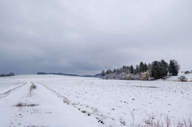 Almanya, Bavyera 'da Augsburg yakınlarındaki Gablingen köyü yakınlarında Schmuttertal biyoope' de bulutlu gökyüzü olan karlı arazi yolu