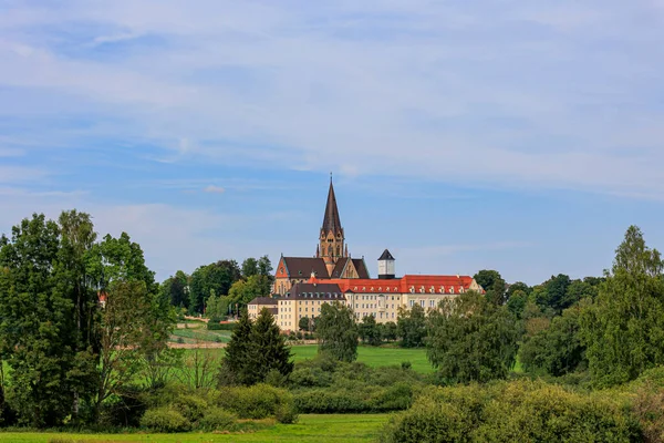 Church Tower Ottilien Monastery Bavaria Forests Meadows White Blue Sky — Fotografia de Stock