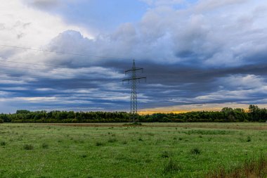 Augsburg yakınlarındaki Siebenbrunn çayırlarında, ormanın kıyısındaki bir elektrik hattı direğinin üzerinde kara bulutlar var.