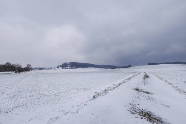 Almanya, Bavyera 'da Augsburg yakınlarındaki Gablingen köyü yakınlarında Schmuttertal biyoope' de bulutlu gökyüzü olan karlı arazi yolu