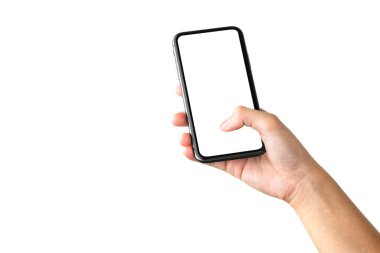 El ele tutuşan cep telefonu beyaz arkaplanda izole edildi