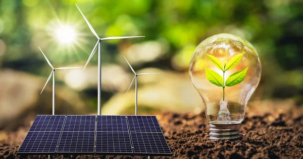 Concetto Energia Pulita Risparmio Energetico Natura Pannello Solare Con Turbina — Foto Stock