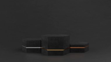 Siyah mermer boş kazananlar podyumu. Birinci, ikinci ve üçüncü olarak siyah arka planda kaide. 3B görüntüleme.