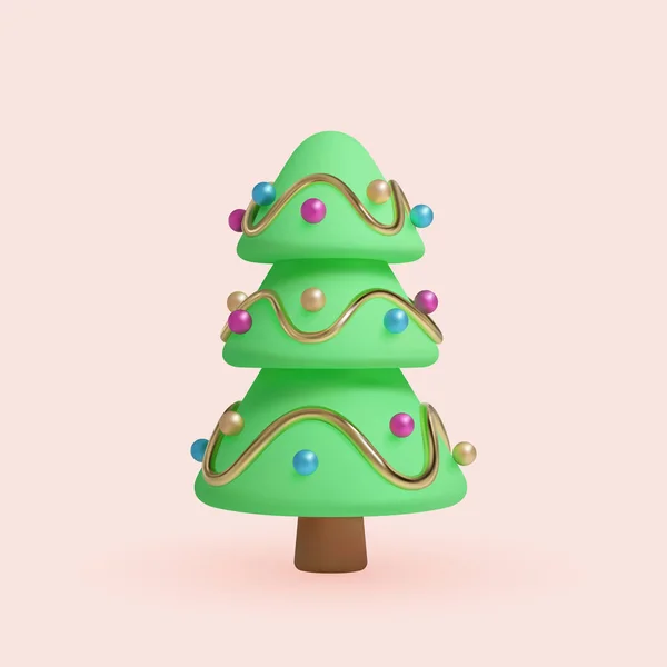 Árbol de Navidad de estilo 3d de dibujos animados con adornos de colores y oropel dorado. Ilustración minimalista abstracta. — Vector de stock