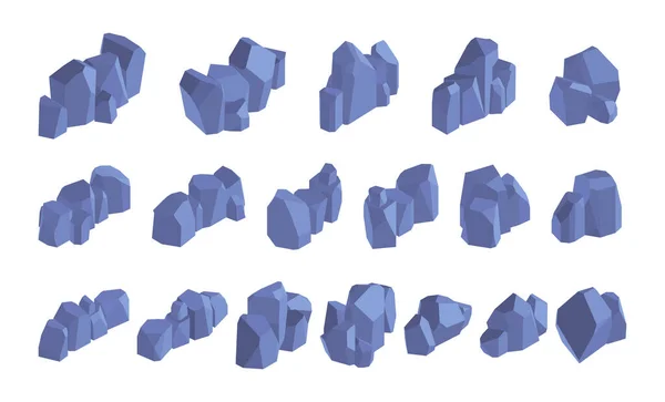 Rocas vectoriales establecidas. Piedras grises de dibujos animados. Piedras isométricas montón. — Archivo Imágenes Vectoriales