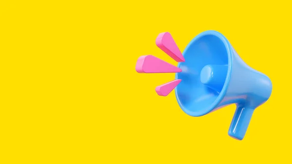 Megafone azul mínimo no fundo amarelo. alto-falante. Publicidade ou banner de promoção com alto-falante. Imagem renderizada 3D. — Fotografia de Stock