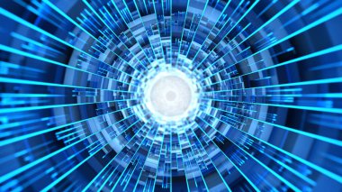 Mavi ışık huzmeleri ve rastgele panelleri olan bilim kurgu tünel. 3B oluşturulmuş resim.