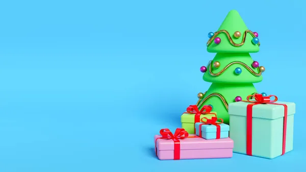 채색 공 이달린 크리스마스 트리에 금빛 반짝 이와 선물 상자가 들어 있다. 만화의 신년 배경 복사 공간입니다. 3D 렌더링 이미지. — 스톡 사진