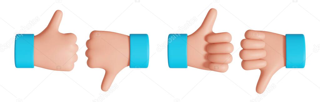 Cartoon hand with thumb up and down gesture. Vote or rating design signs. 3D rendered image.