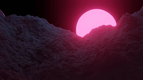 Pôr-do-sol da montanha com sol rosa. Fundo paisagístico futurista. Imagem de renderização 3D. — Fotografia de Stock