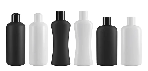 Botella cosmética de plástico blanco y negro. Maqueta vectorial realista para el diseño de champú o gel de ducha . — Archivo Imágenes Vectoriales