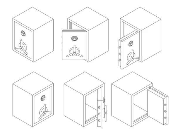 Isometric empty safe with open and closed door. Outline vector illustration. — Stock Vector