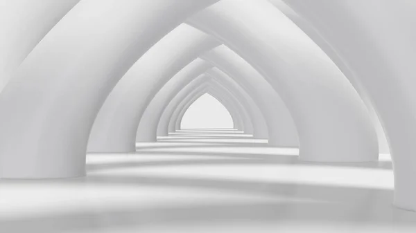 White tunnel from rounded columns with light and shadows. 3D rendered background.