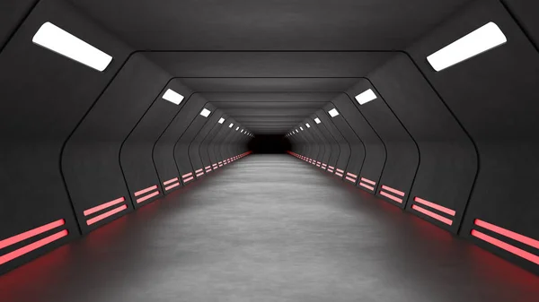 Long futuristic tunnel with dark in the end. Space station background. 3D rendered image. — Fotografia de Stock