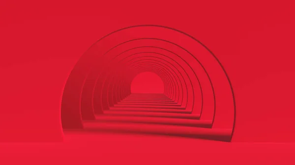 Túnel vermelho de arcos redondos com luzes e sombras no chão. Fundo arquitetônico moderno mínimo. Renderização de imagem 3D. — Fotografia de Stock