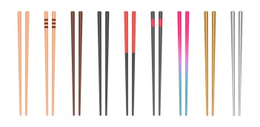 Gerçekçi vektör ahşap ve metal yemek çubukları. Asya gereçleri hazır. Klasik ve modern siyah, kahverengi, altın ve gümüş yemek çubukları.