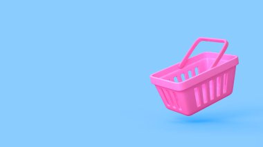 Pembe alışveriş sepeti mavi arka plana düşüyor. Süpermarket afişi tasarımı. 3B oluşturulmuş resim