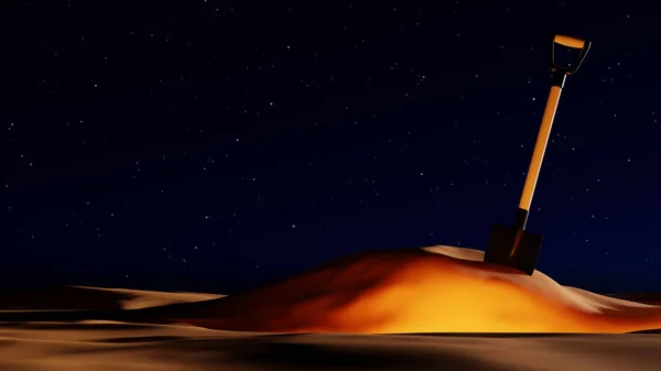 Showel Pile Sand Night Sky Background Searching Treasure Archeology Concept — Fotografie, imagine de stoc