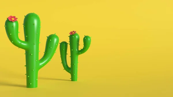 Green Cactus Red Flower Yellow Background Summer Design Rendered Image — Zdjęcie stockowe