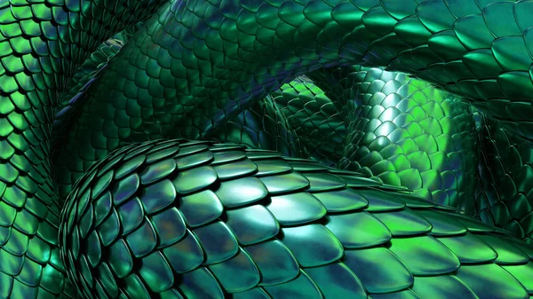 被绿色金属鳞片缠住的蛇 幻想背景 3D渲染图像 — 图库照片#