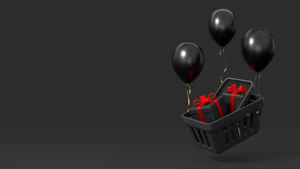 Czarny Koszyk Pudełkami Latającymi Balonami Czarny Piątkowy Baner Minimalistyczny Obrazek — Zdjęcie stockowe