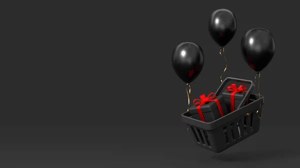 Cesto Shopping Nero Con Scatole Regalo Palloncini Volanti Venerdì Nero — Foto Stock