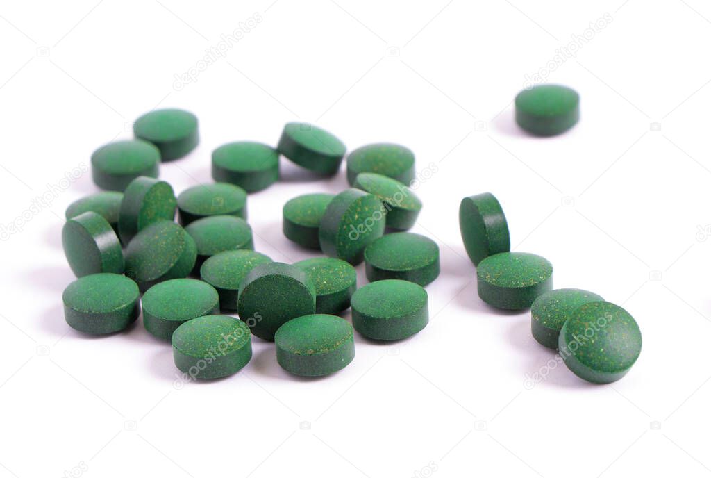 Vitamins antioxidants green. Spirulina Chlorella natural green superfood. 
