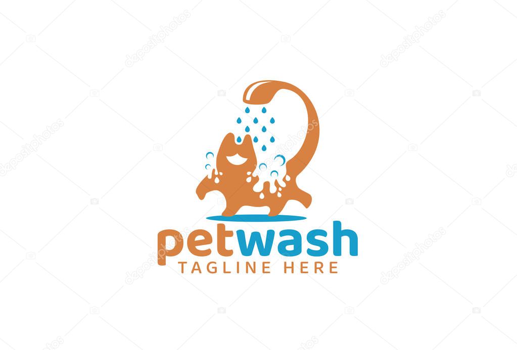 Pet wash logo with a happy cat taking a bath as the icon.