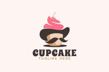 Bay Cupcake logosu, şapka, bıyık ve kek karışımı..