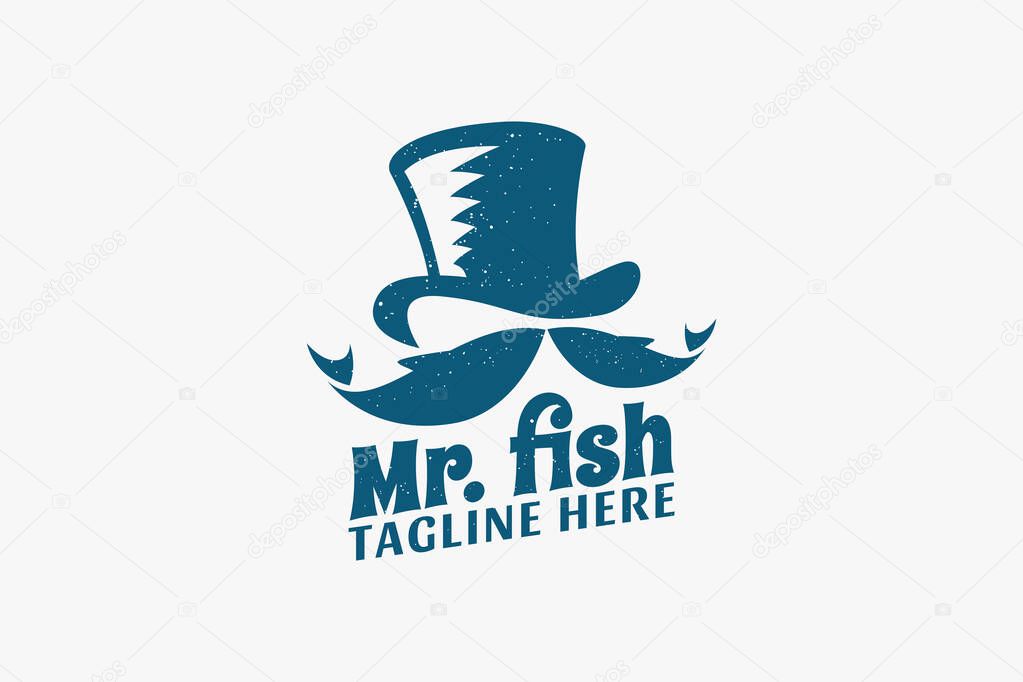 Mr. fish logo with a combination of a hat, moustache, and fish.
