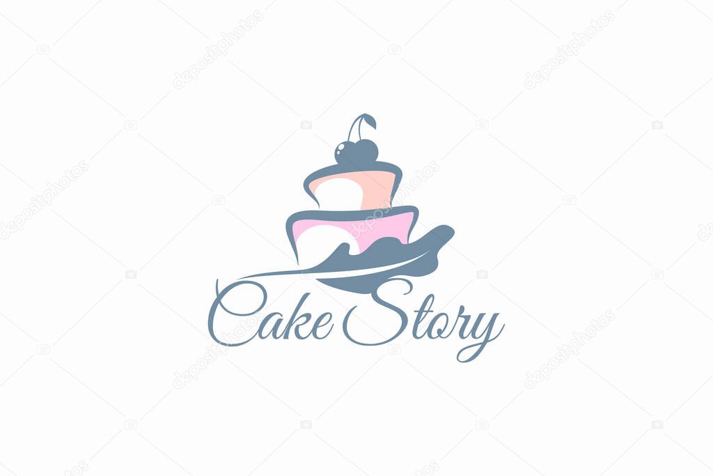 Cake story logo with a combination of a cake and feather pen.