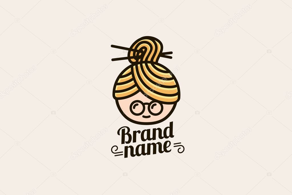 Grandma noodle logo with a combination of grandma's face, noodles and chopsticks.