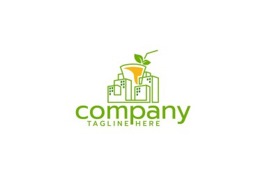 juice city logo with a combination of a glass of juice and buildings in urban areas.