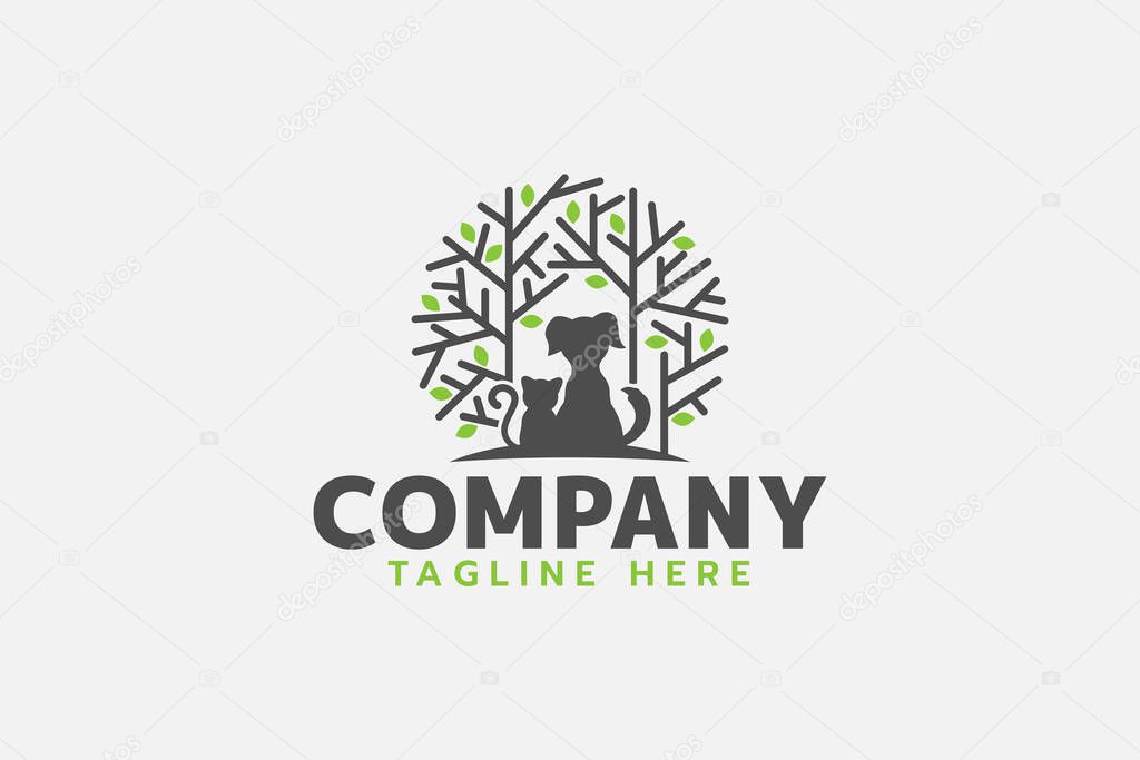 Pet park logo with a combination of a dog, cat and shady trees