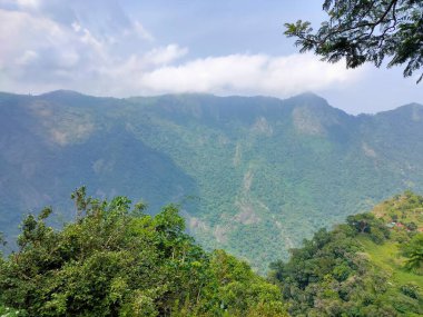 Doğa Sancağı. Dağ manzaralı günbatımı manzaralı pek çok tepe ve yeşil orman manzaralı yumuşak sisli ve renkli gökyüzü