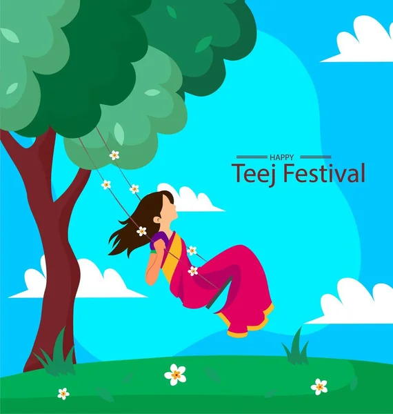 印地安人节日Hariyali Teej指的是绿色的Teej 图片说明了印度已婚妇女坐在秋千上 欣赏着背景中的季风和美丽的自然美景 — 图库照片
