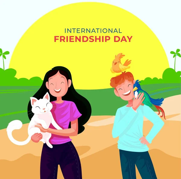 Happy Friendship Day Greeting Card Friends Hugging Smiling — Stockfoto