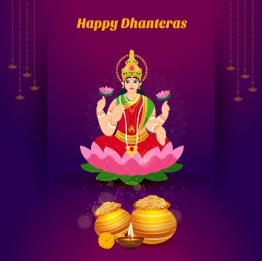 Arka plan tebrik Tanrıça Lakshmi mutlu Dhanteras Diwali festivali tatil kutlaması Hindistan için dekore edilmiş diya ile