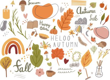 Sonbahar sonbahar karalama elemanları çizim simgesi beyaz arkaplanda izole edildi. Poster ve çıkartma malzemeleri için el çizimi. Balkabağı, düşen yapraklar, mum, tilki, turta, soyut şekiller çiçek vektörü. 