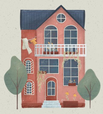 Evin renkli dokusu düz çizim daire birimleri. İskandinav tarzı soyut el çizimi. Poster için basit şirin evler. Çizgi film Mimari tasarımı kolaj ağaçlarını ve çamaşırları keser.. 