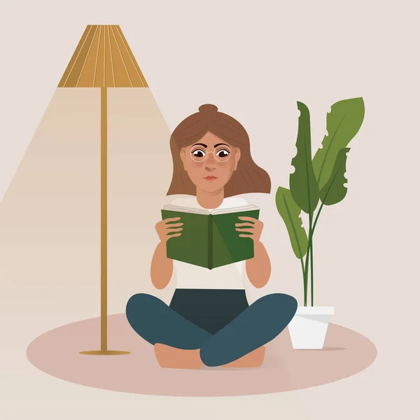 Reading girl under lamp illustration read books concept isolated flat design colorful Young woman studying and preparing. textbook icon education hobby library drawing distance learning