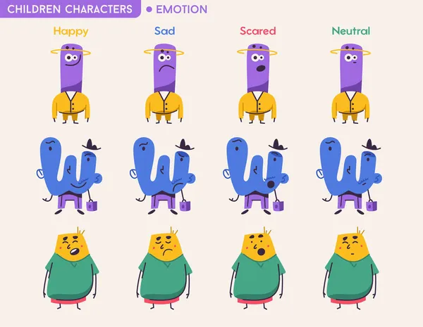 Carino astratto bambini personaggi con emozioni diverse — Vettoriale Stock