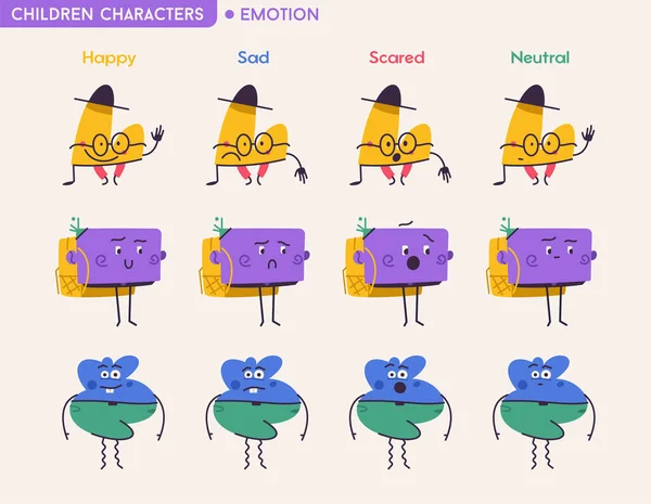 Bonito crianças abstratas personagens com diferentes emoções definido —  Vetores de Stock