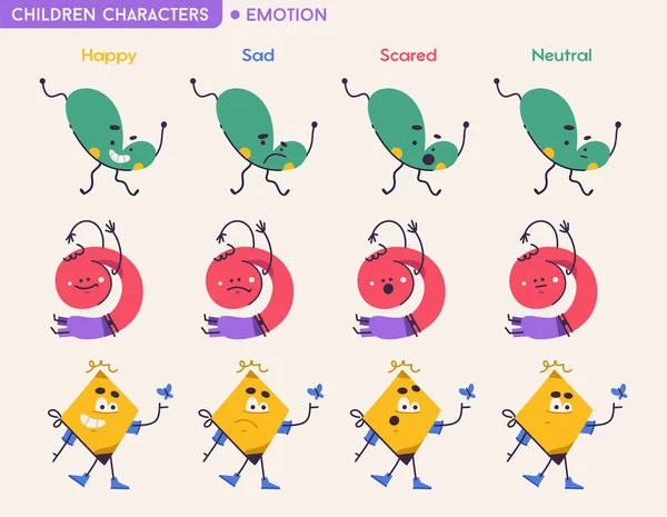 Lindos niños abstractos personajes con diferentes emociones — Vector de stock